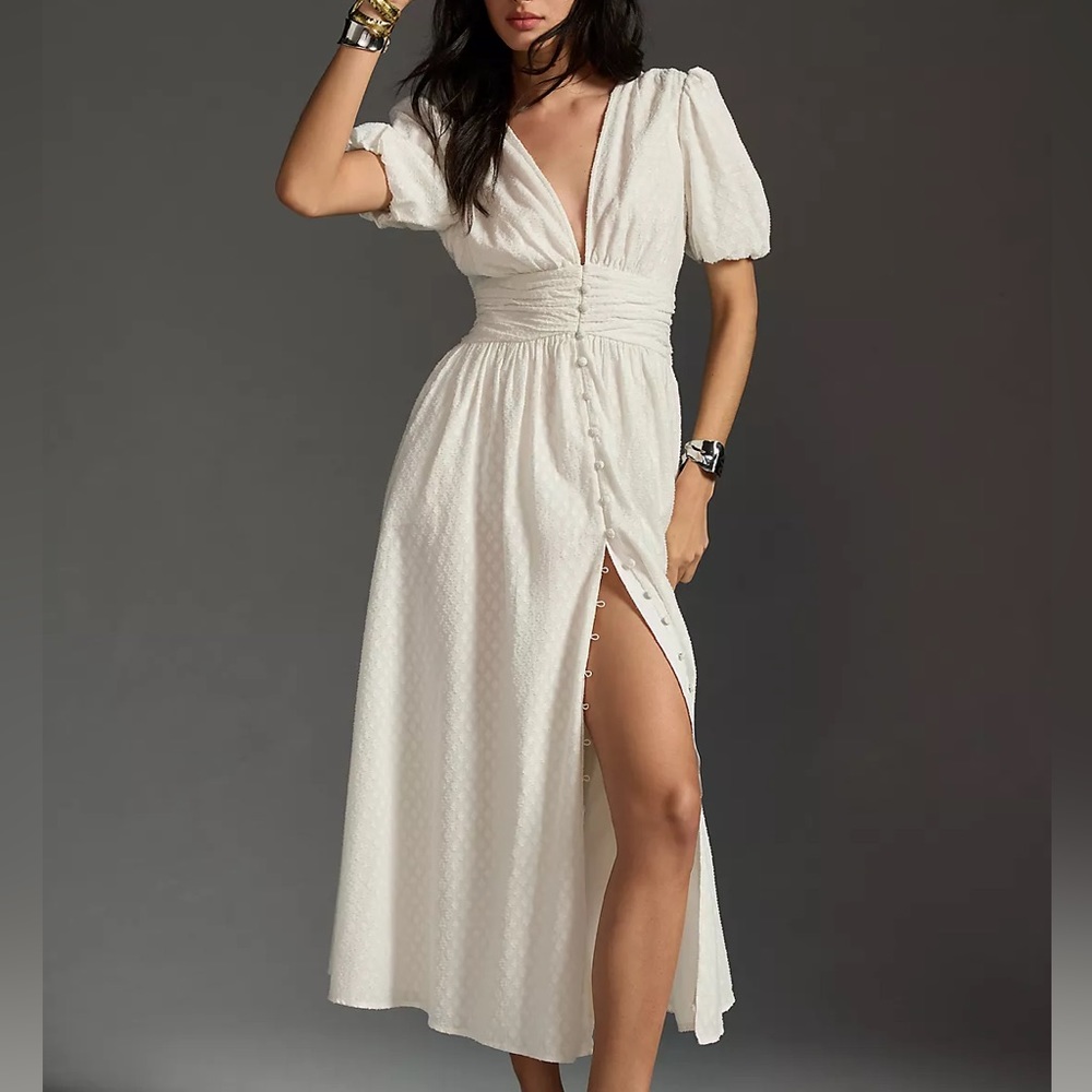 Anthropologie Ivory Puff-Sleeve Midi Dress